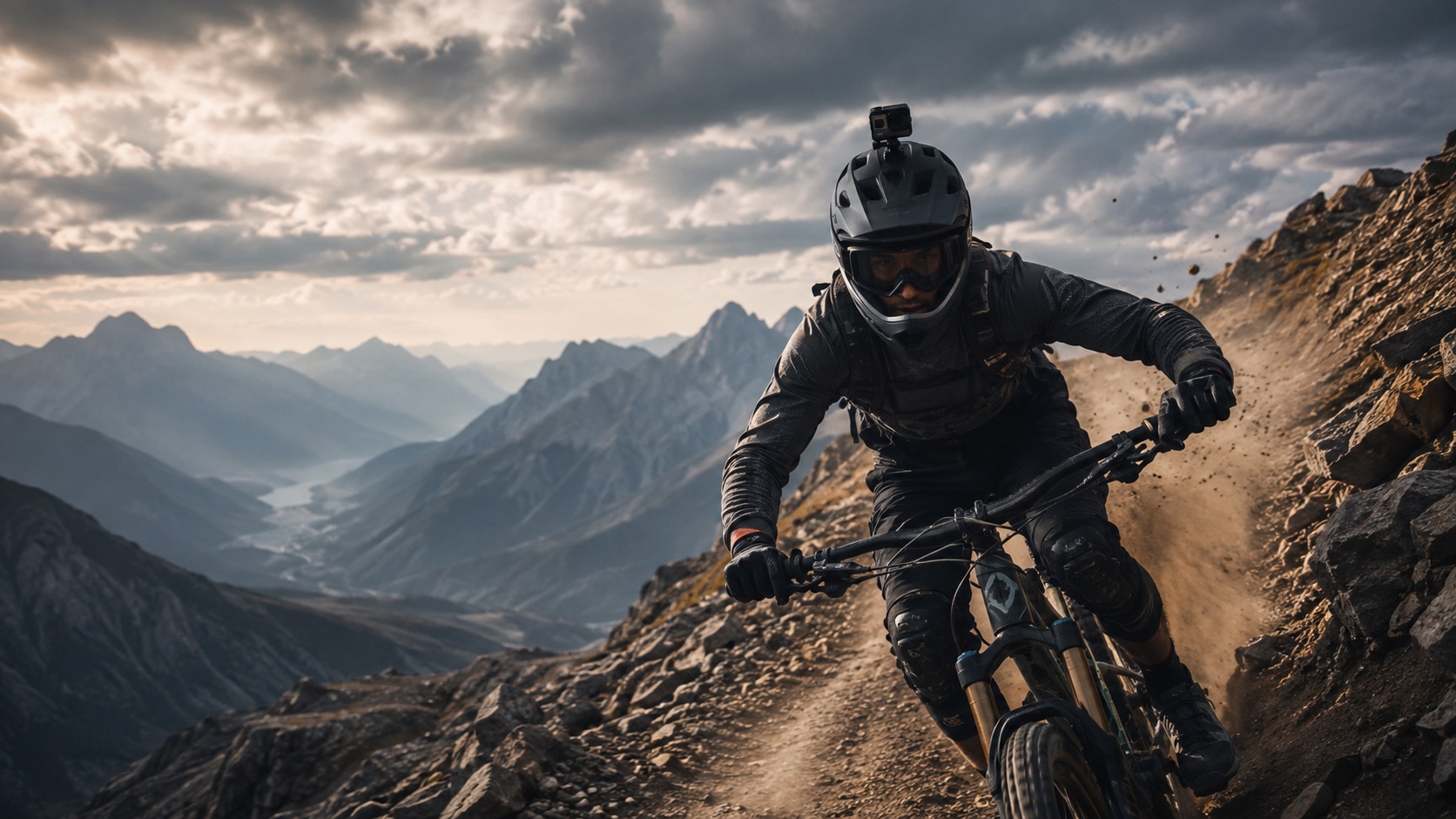 Mountain biker wearing a helmet-mounted action camera