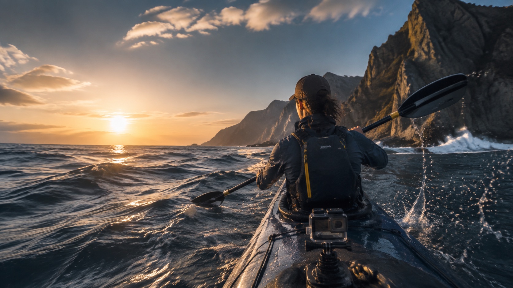 Kayaker recording an ocean adventure with a mounted action camera